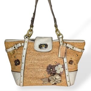 Coach Straw Floral Appliqué Tote Natalie Hampton 16763 Ivory Grey Stud Leather